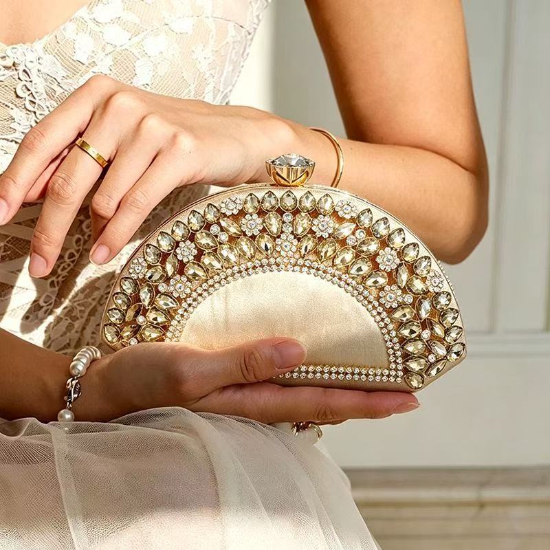 Luxury Gold Rhinestone Fan-Shaped Handbag for Women